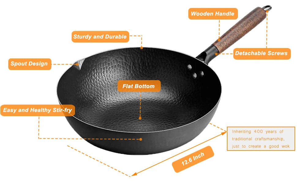 Sartén antiadherente de acero al carbono, Wok de 32cm con tapa