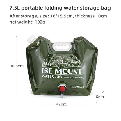 Contenedor de agua portátil de gran capacidad de 7,5 L con espiga y mango para acampar.