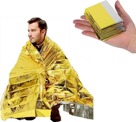Manta térmica de película de poliéster de emergencia, manta de supervivencia de lámina dorada plateada, juego de supervivencia de manta espacial, adecuada para exteriores