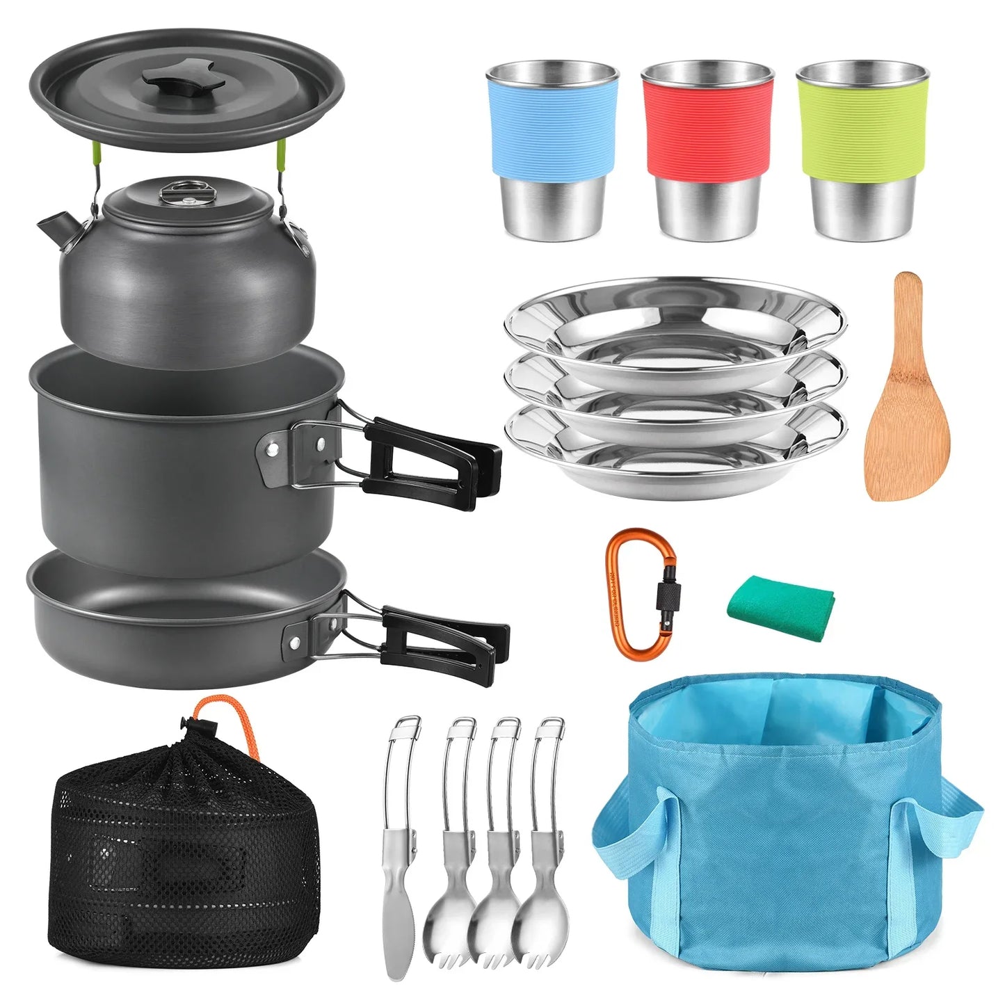 TOMSHOO, 21 Uds., utensilios de cocina para acampar, Kit de desorden, olla y sartén para acampar, juego de cocina para acampar al aire libre, senderismo, mochilero, equipo de supervivencia