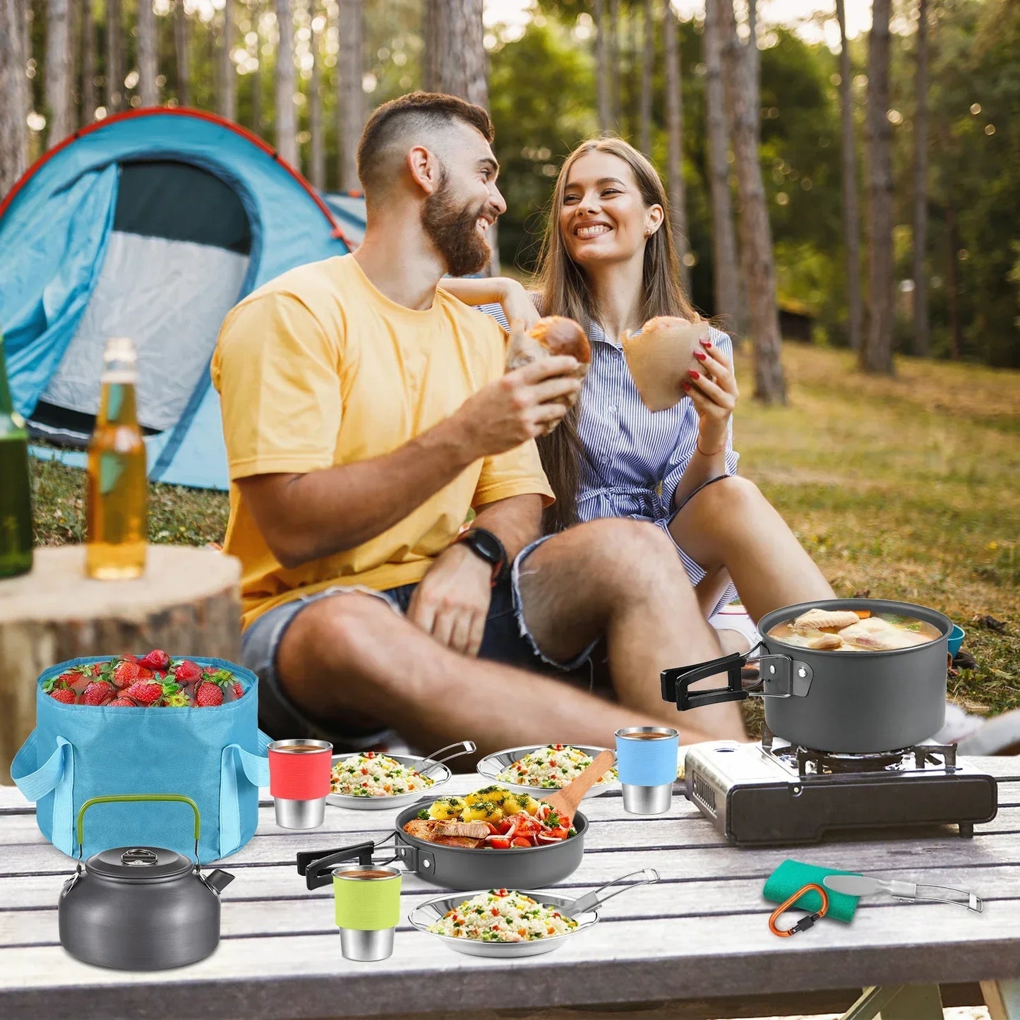 TOMSHOO, 21 Uds., utensilios de cocina para acampar, Kit de desorden, olla y sartén para acampar, juego de cocina para acampar al aire libre, senderismo, mochilero, equipo de supervivencia
