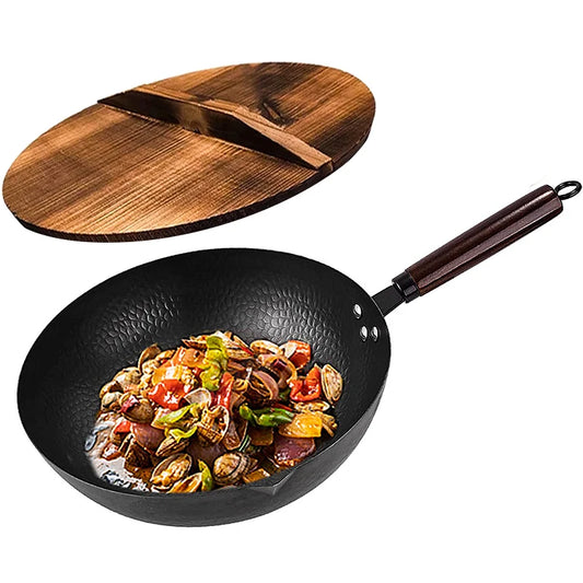 Sartén Wok de acero al carbono de 32 mm con tapa.