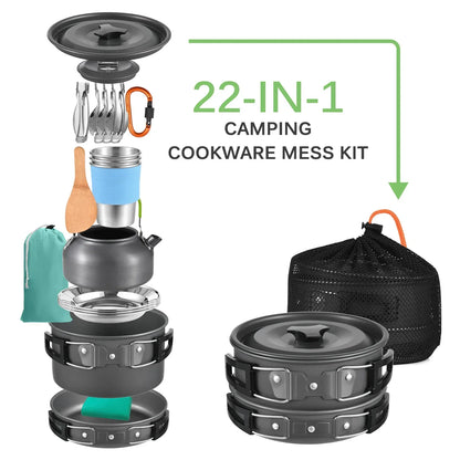 TOMSHOO, 21 Uds., utensilios de cocina para acampar, Kit de desorden, olla y sartén para acampar, juego de cocina para acampar al aire libre, senderismo, mochilero, equipo de supervivencia