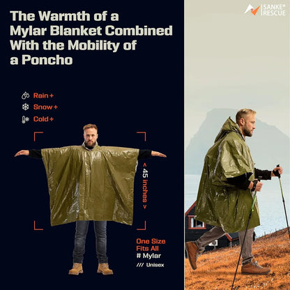 Chubasquero impermeable de emergencia, Poncho desechable de película de aluminio, ropa impermeable térmica cálida, mantas, herramientas de supervivencia, equipo de Camping