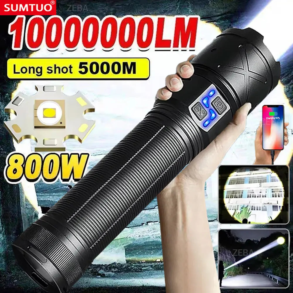 2025 Nuevas linternas LED de alta potencia de 15000 mAh 10000000 Linterna ultra potente LM, linterna recargable por USB, antorcha para acampar al aire libre