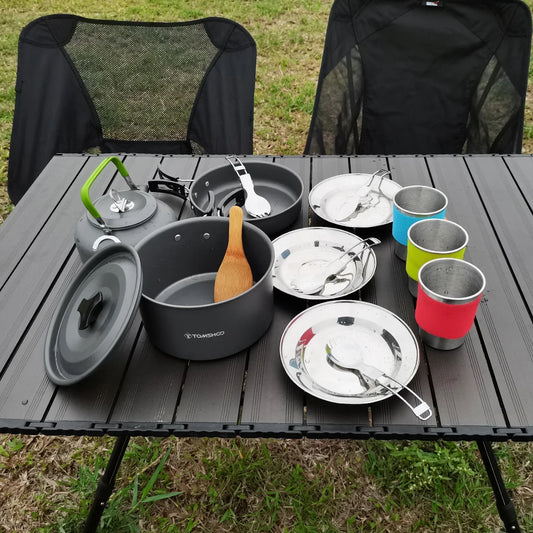 TOMSHOO, 21 Uds., utensilios de cocina para acampar, Kit de desorden, olla y sartén para acampar, juego de cocina para acampar al aire libre, senderismo, mochilero, equipo de supervivencia