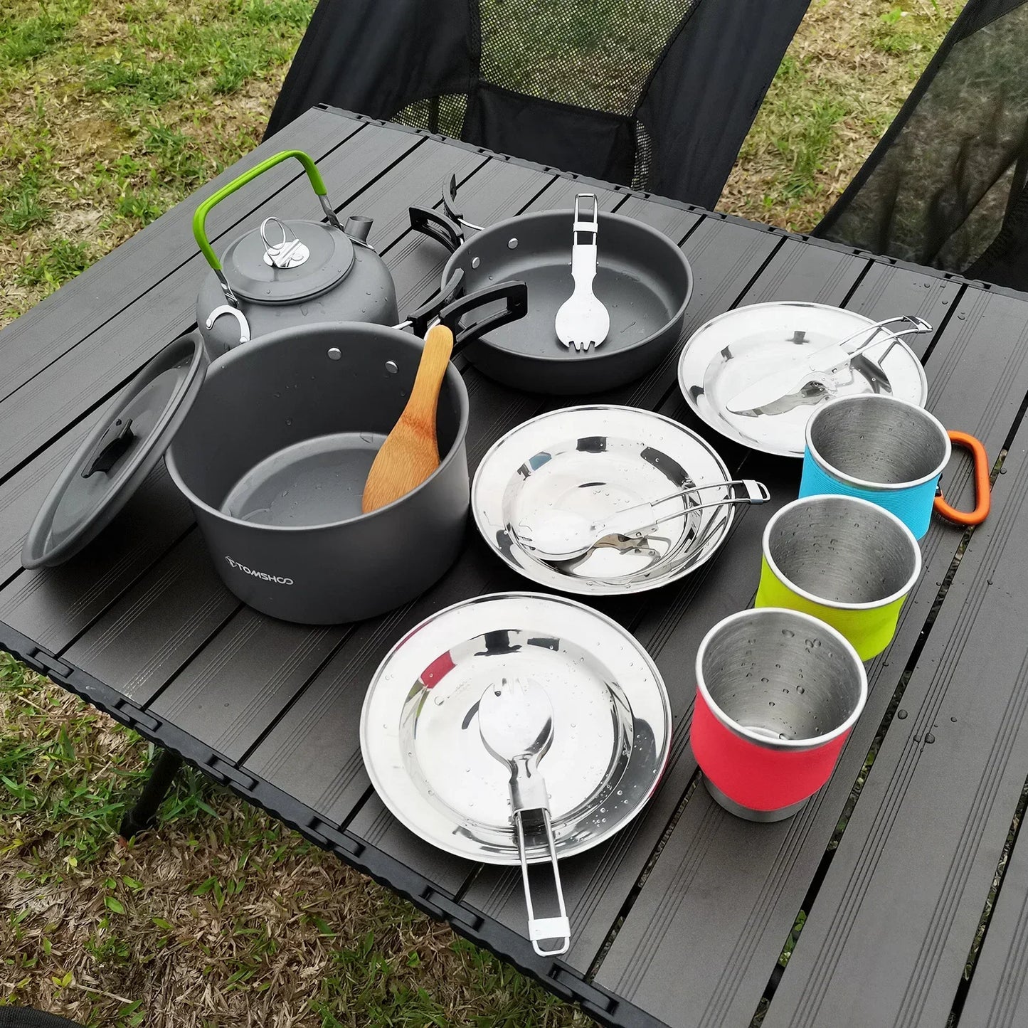 TOMSHOO, 21 Uds., utensilios de cocina para acampar, Kit de desorden, olla y sartén para acampar, juego de cocina para acampar al aire libre, senderismo, mochilero, equipo de supervivencia